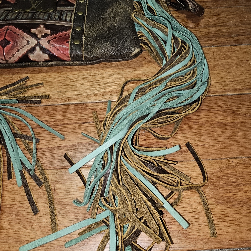 Western Brown and Teal Crossbody Bag with Fringe - Picture 3 of 10
